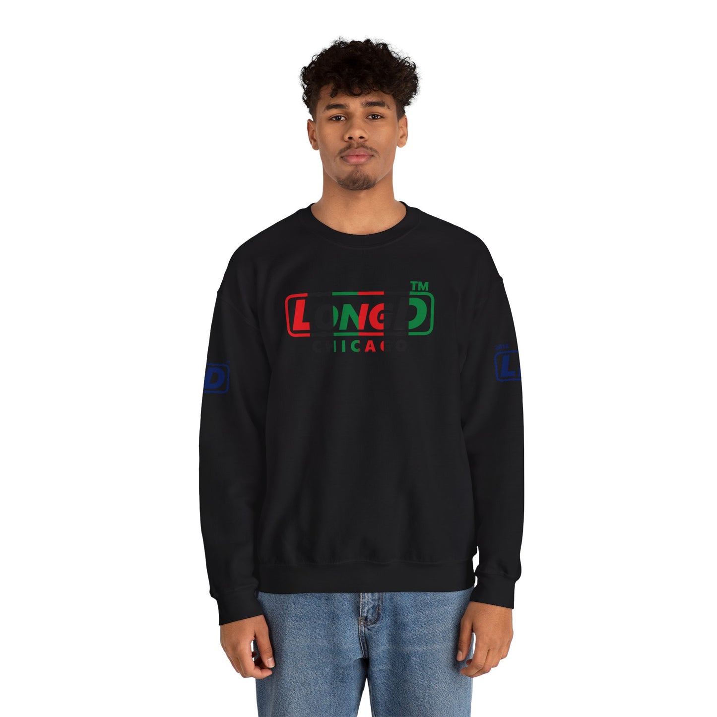 LongD positive vertical 6-striped 4-print Chicago logo crewneck sweatshirt (Juneteenth colors)