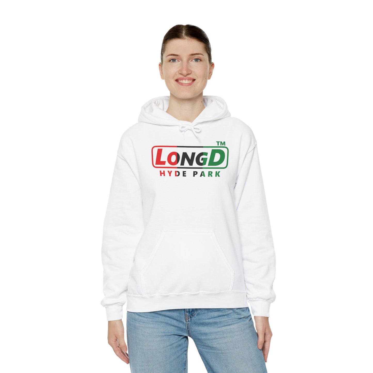 LongD® positive vertical 3-striped Hyde Park logo Hoodie (Juneteenth colors)