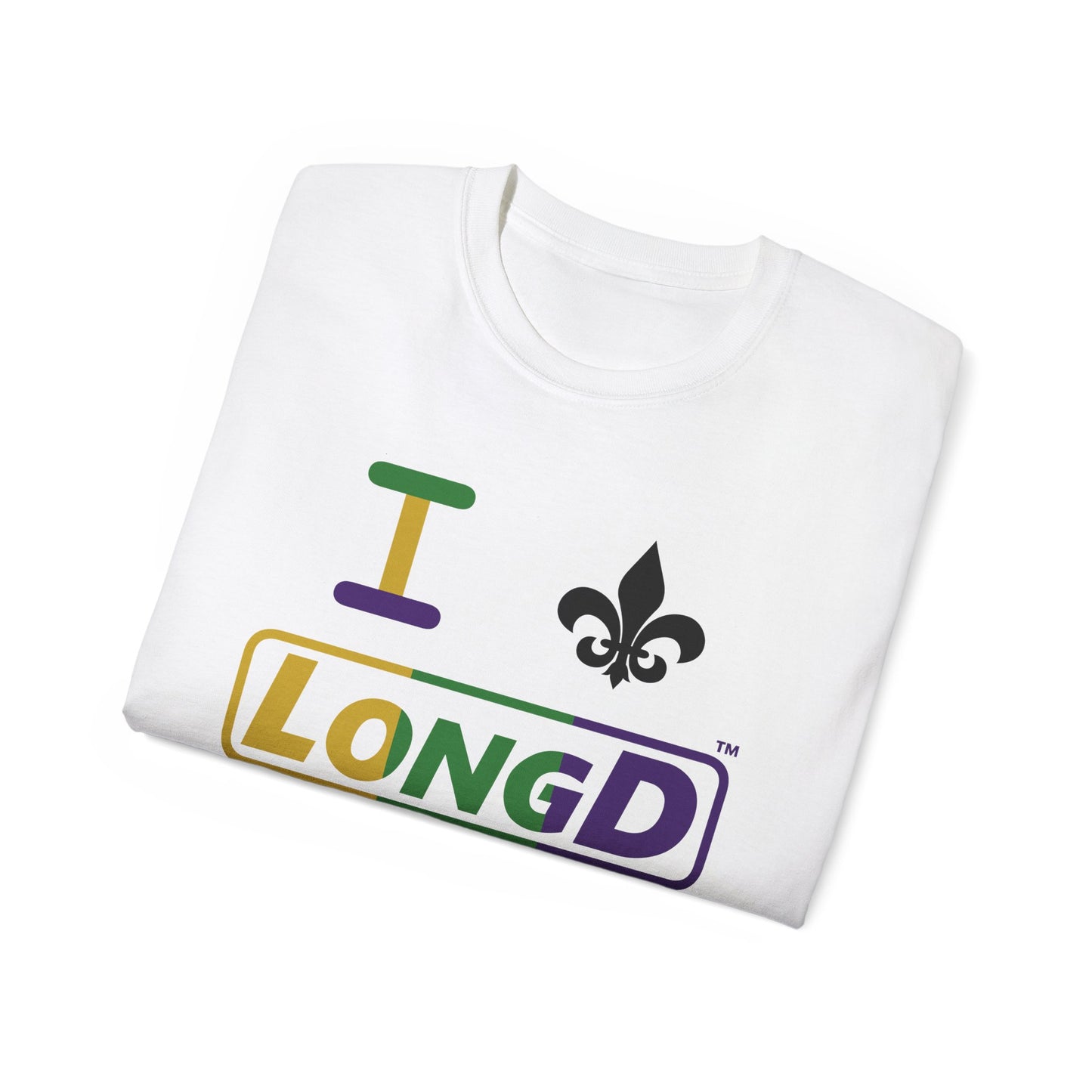 I Fleur LongD® Logo Cotton Tee (Mardi Gras colored text and positive logo & black fleur de lis)