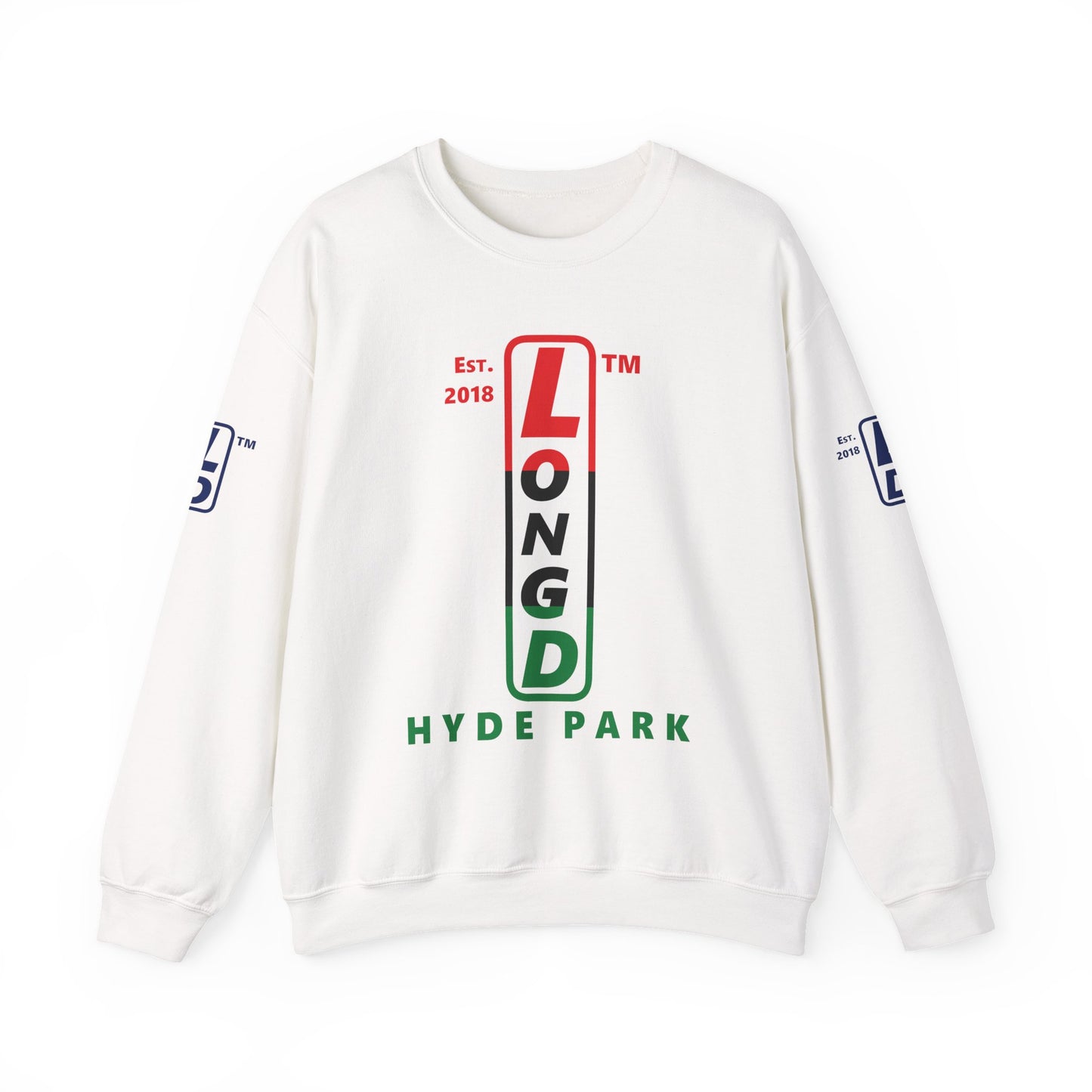 LongD positive horizontal 3-striped Hyde Park 4-print upright logo crewneck sweatshirt (Juneteenth colors)