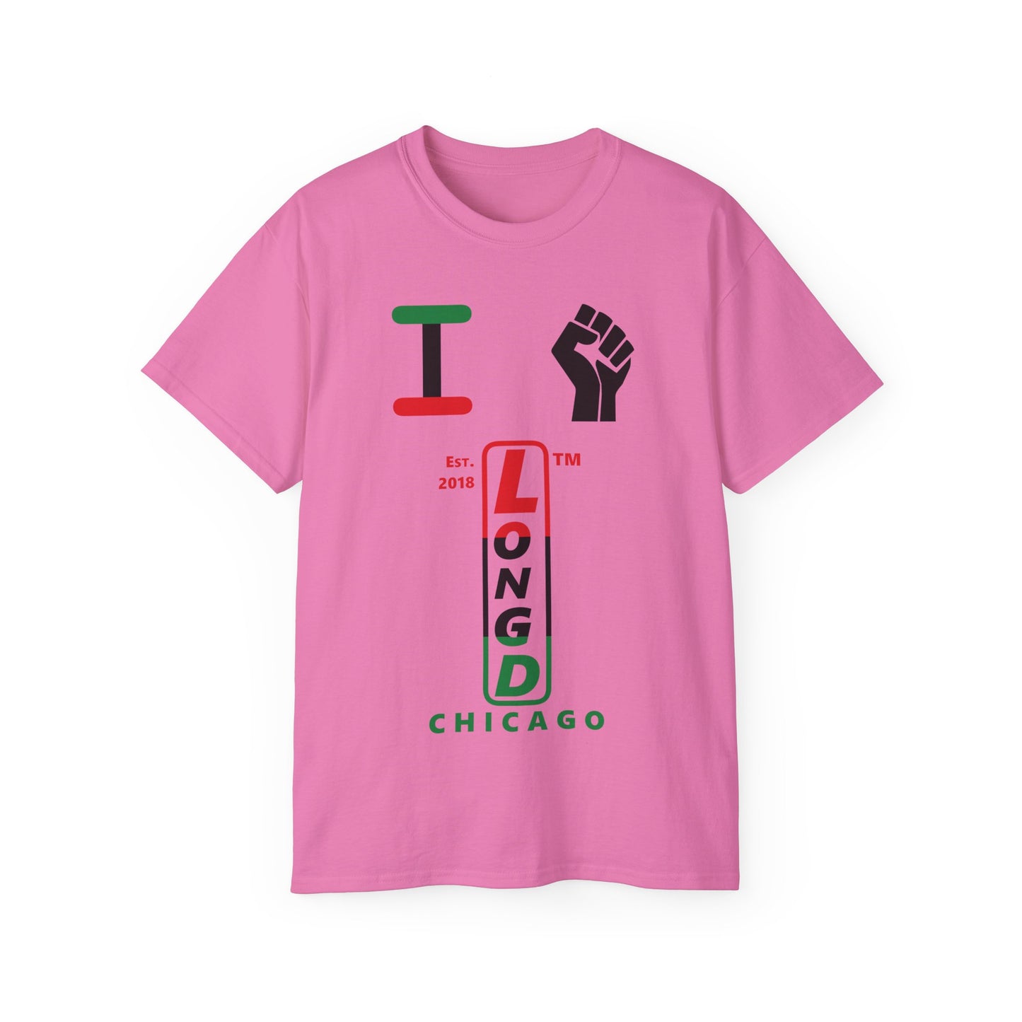 I fist LongD Cotton Tee positive horizontal striped Chicago upright logo (Juneteenth colors)