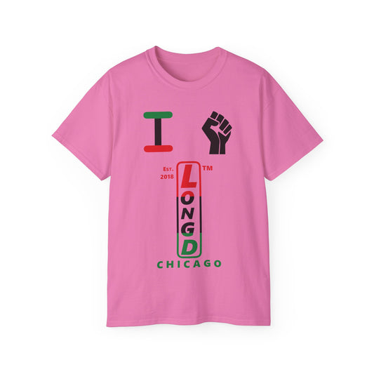 I fist LongD Cotton Tee positive horizontal striped Chicago upright logo (Juneteenth colors)
