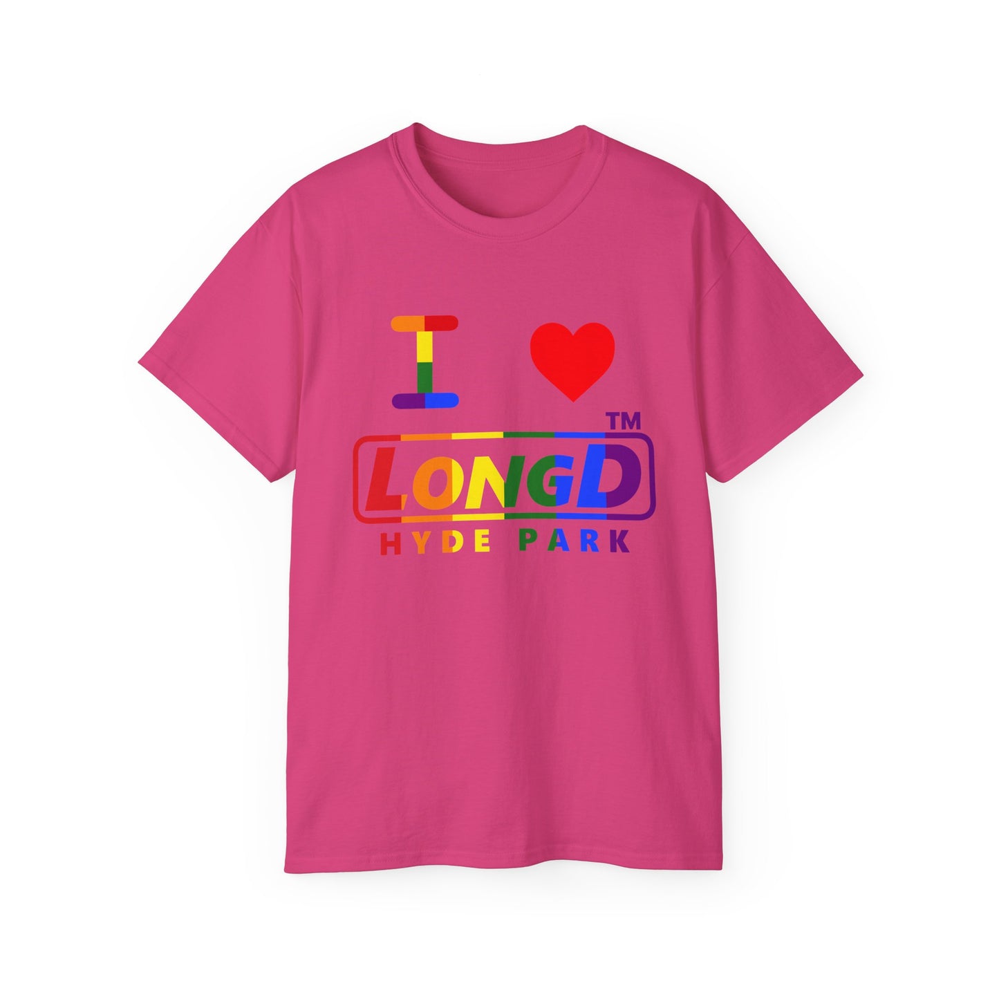 I Luv LongD positive vertical striped Hyde Park logo cotton tee (Pride colors)