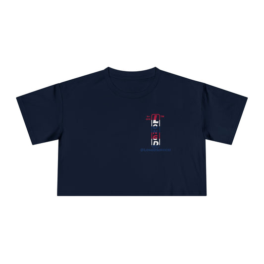 Positive horizontal 6-striped upright single-breasted tag logo crop tee (Patriotic colors)