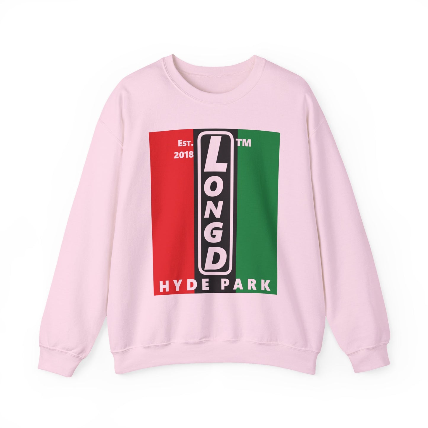 LongD negative vertical 3-striped Hyde Park upright logo crewneck sweatshirt (Juneteenth colors)