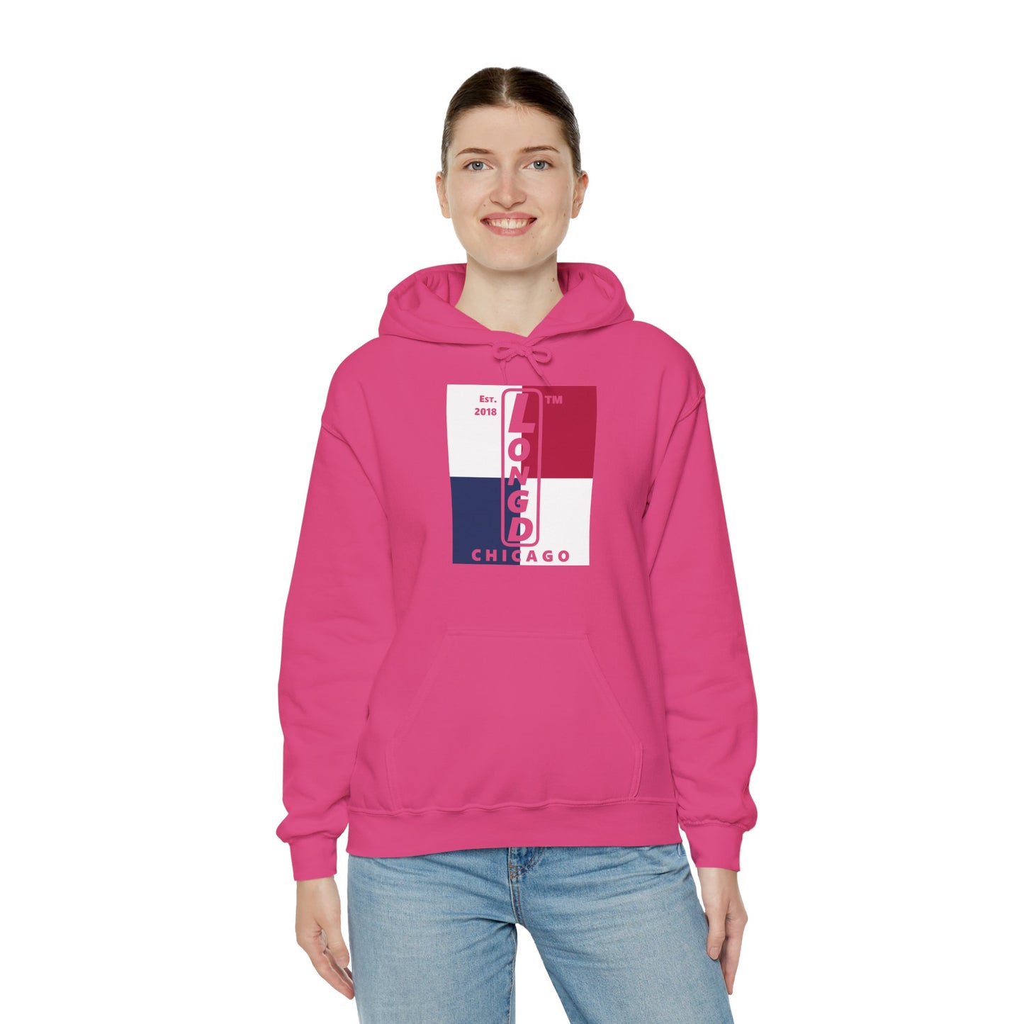LongD® negative quarters upright Chicago logo hoodie