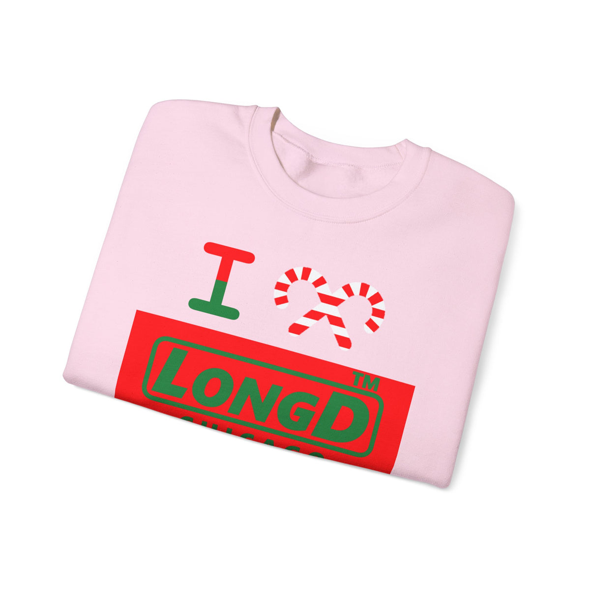 I candy cane LongD Chicago logo positive green on negative red crewneck sweatshirt