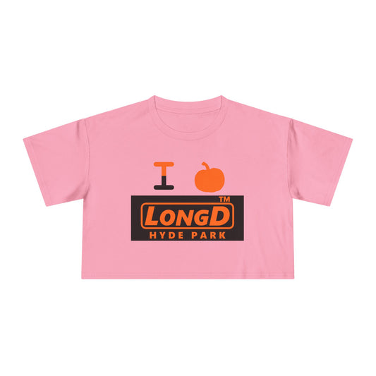 I pumpkin LongD Hyde Park logo positive orange on negative black crop tee