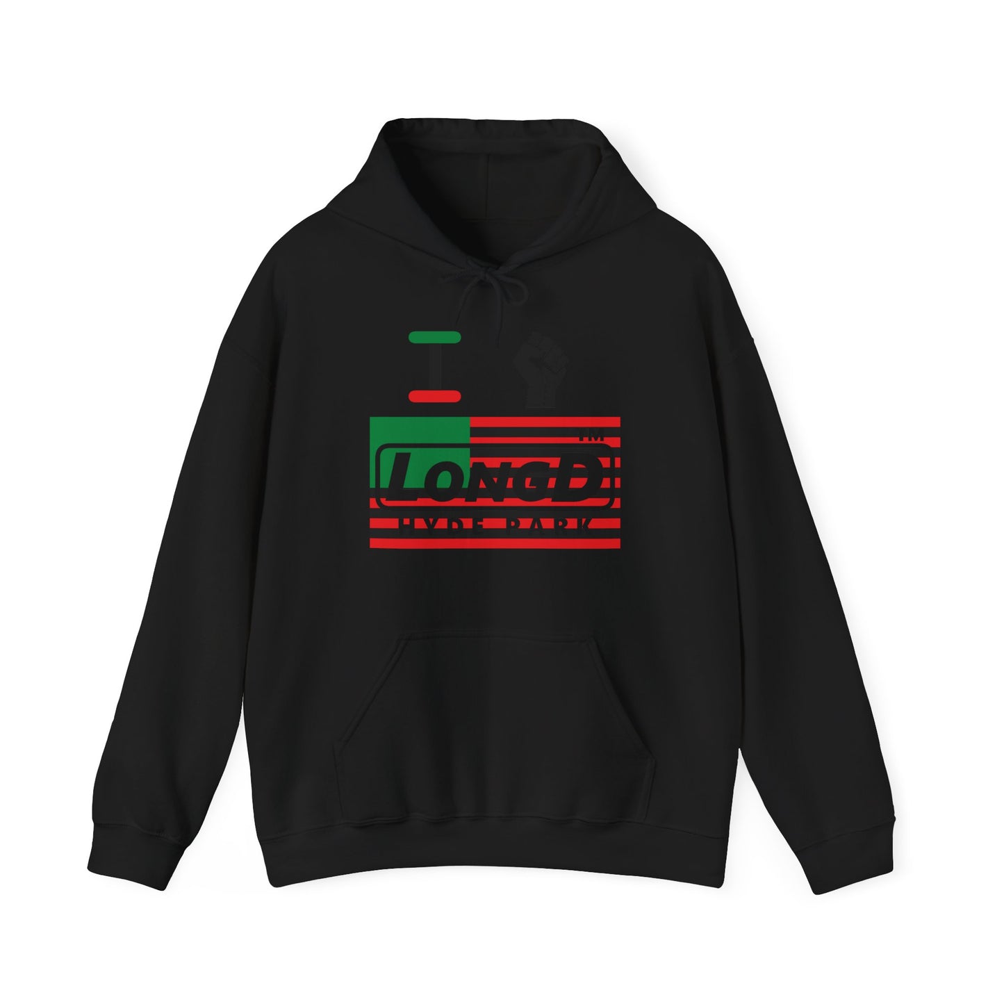 I fist LongD® negative flag Hyde Park logo Hoodie (Juneteenth colors)
