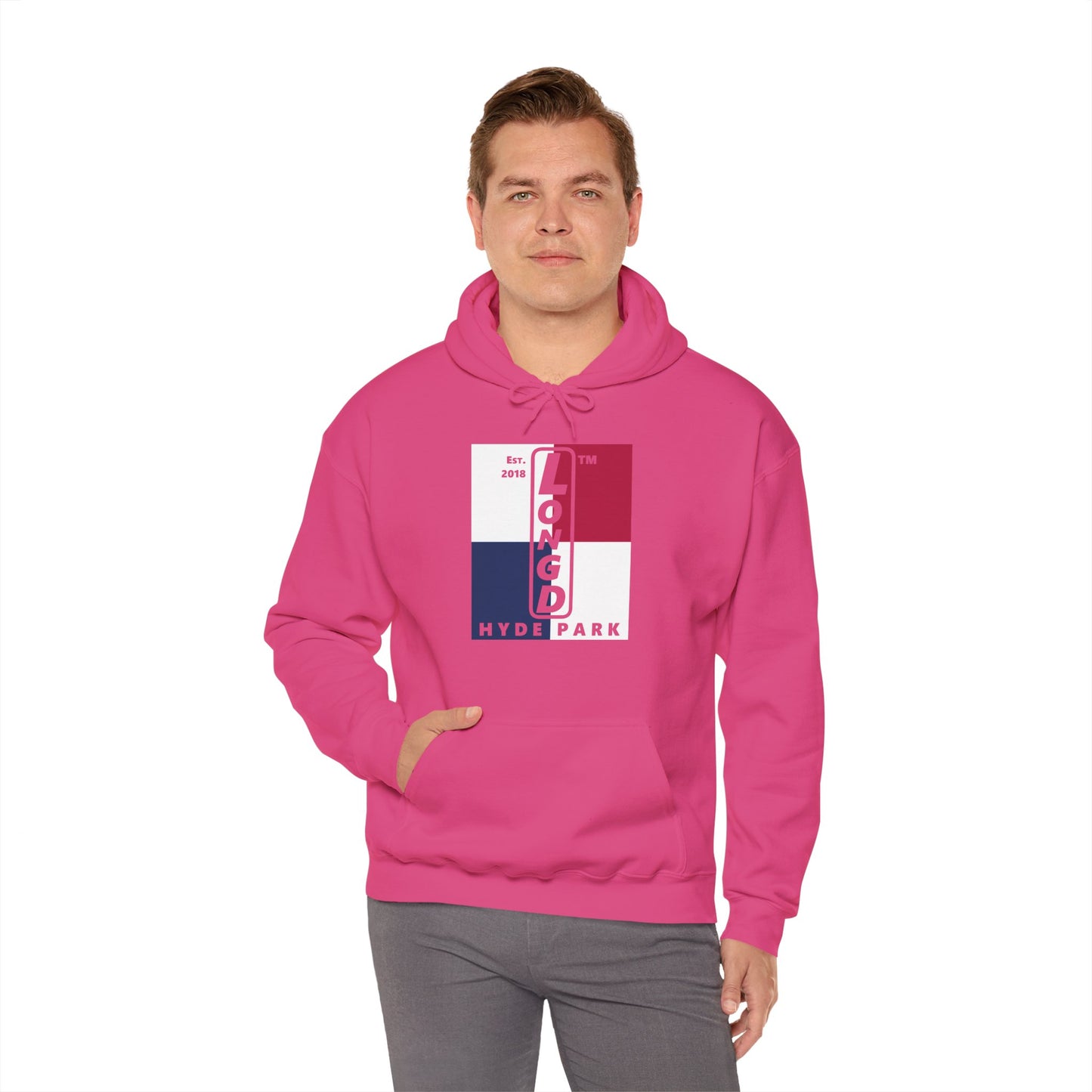 LongD® negative quarters upright Hyde Park logo hoodie (Patriotic colors)