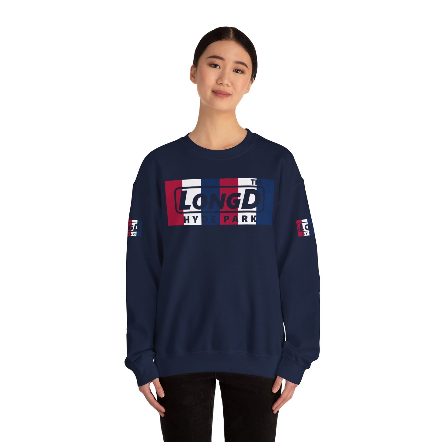 LongD negative vertical 6-striped 4-print double-breasted Hyde Park logo crewneck sweatshirt (patriotic colors)