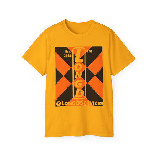 LongD Tag negative upright mixed argyle logo (Halloween colors) cotton tee
