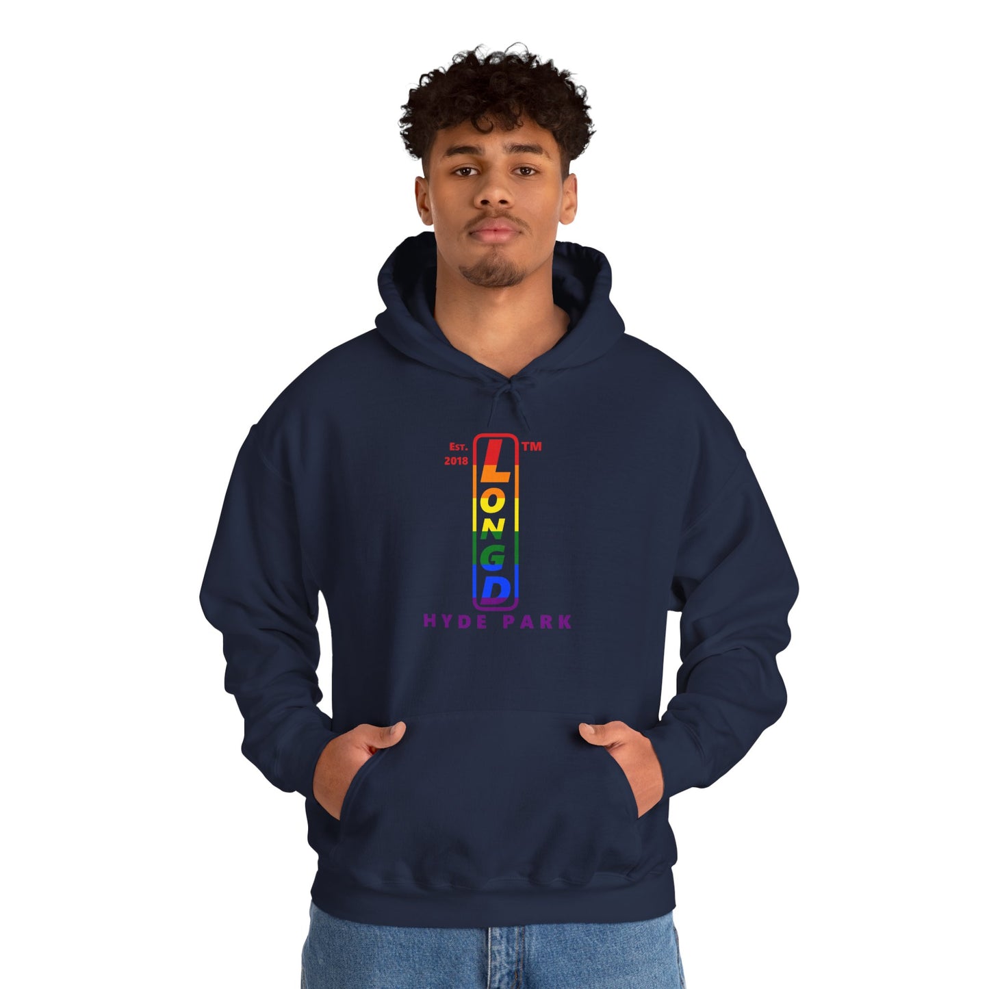 LongD® positive horizontal 6-striped Hyde Park logo hoodie (Pride colors)