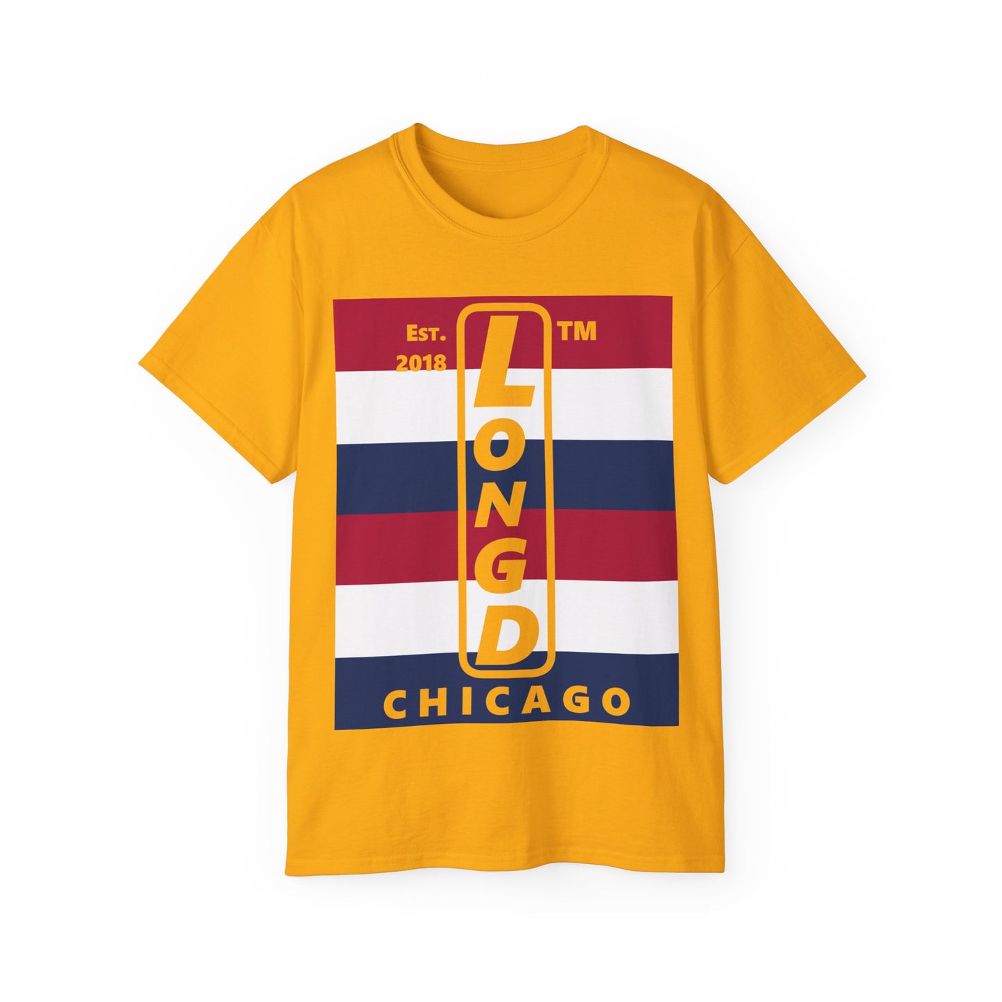 LongD cotton tee negative horizontal 6-striped Chicago upright logo (Patriotic colors)