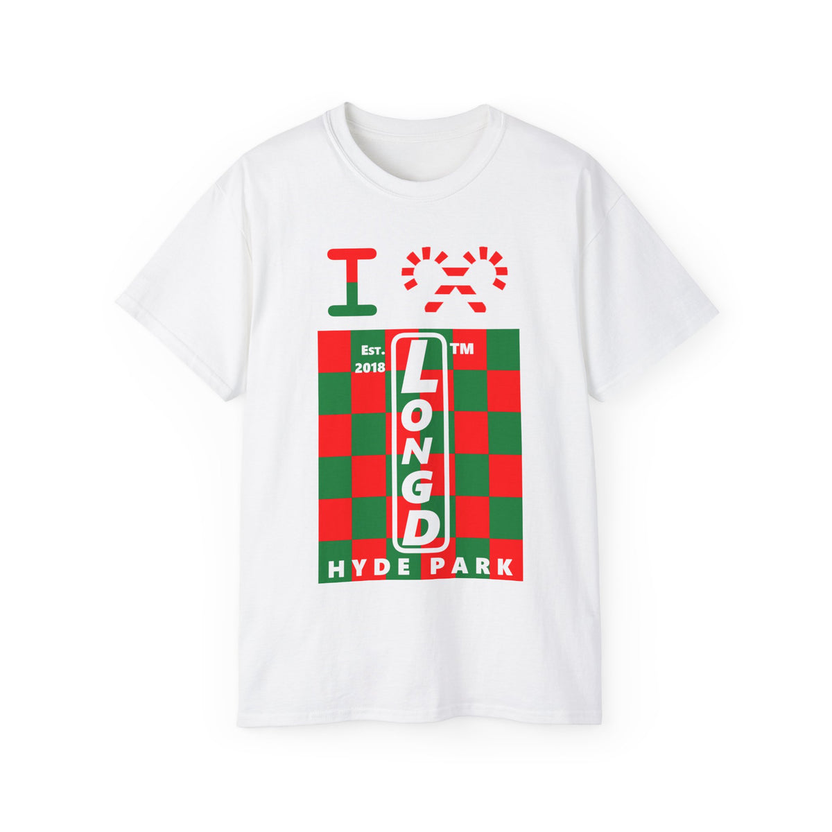 I candy cane LongD Hyde Park negative upright checkered logo cotton tee