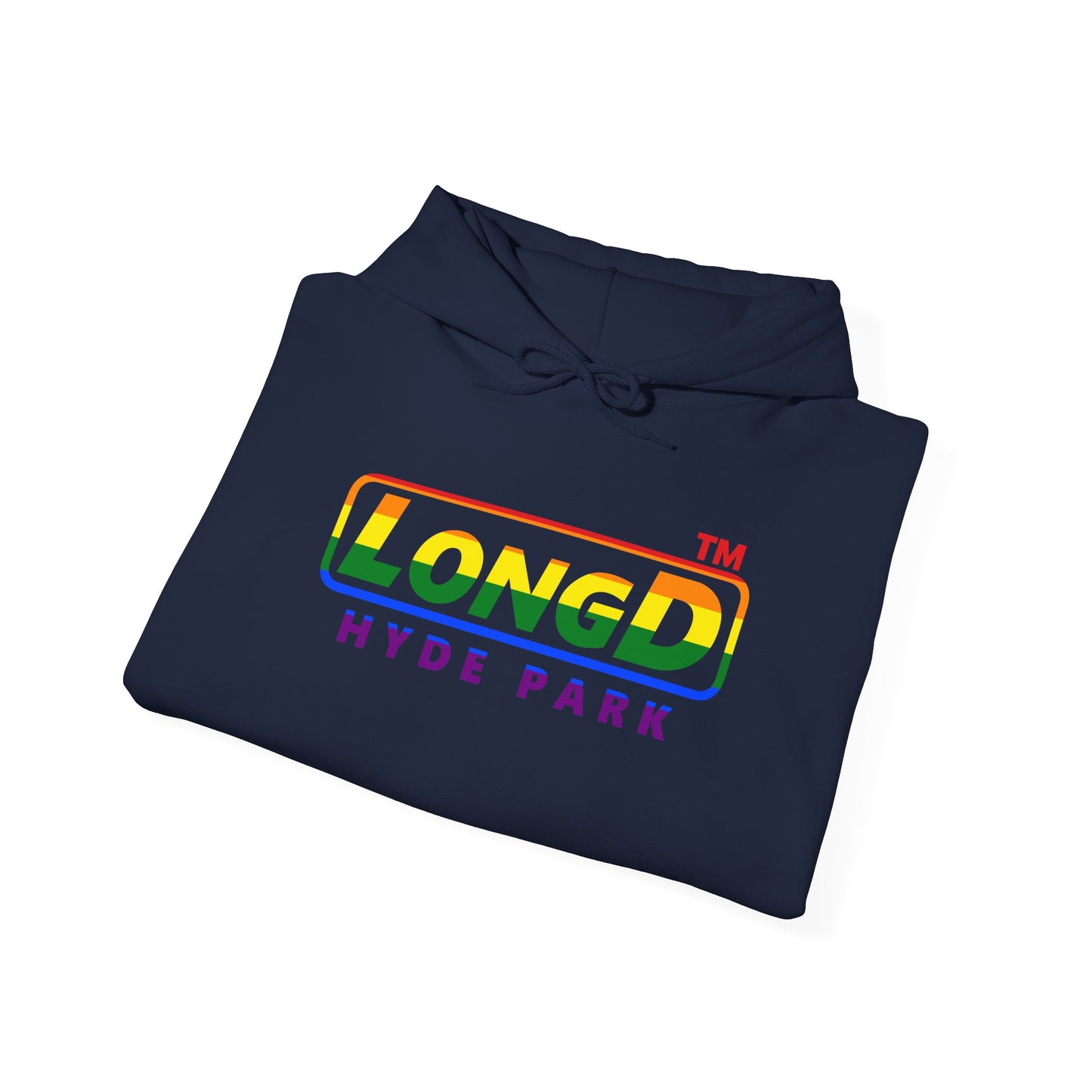 LongD® positive horizontal striped Hyde Park logo hoodie (Pride colors)