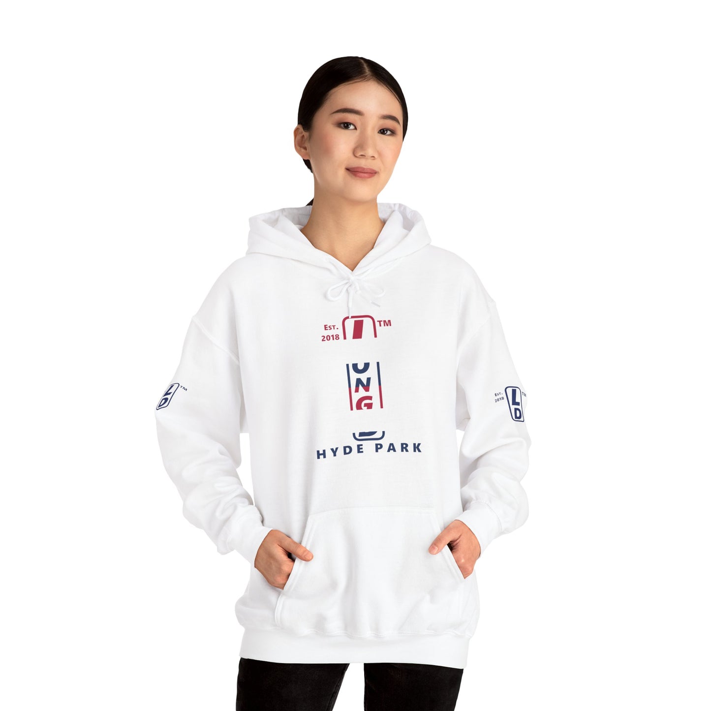 LongD® positive horizontal 6-striped Hyde Park 4-print upright logo hoodie (patriotic colors)