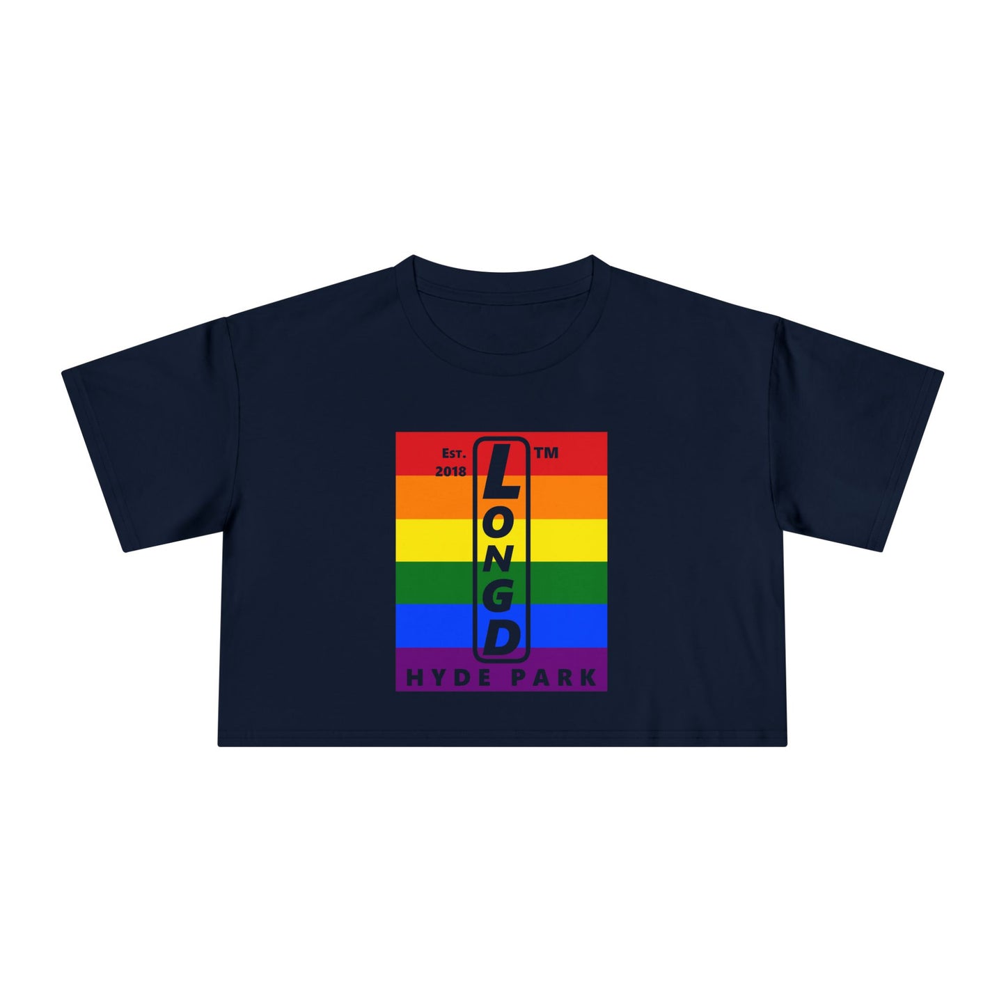 Mixed horizontal 6-striped upright front-back Hyde Park logo crop tee (Pride colors)