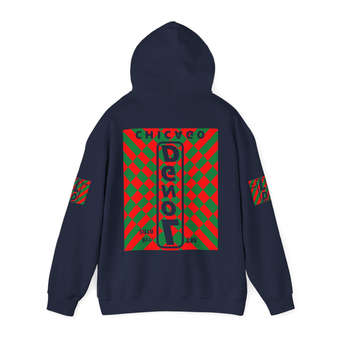 LongD Chicago negative upright stylized argyle 4-print logo (Xmas colors) hoodie