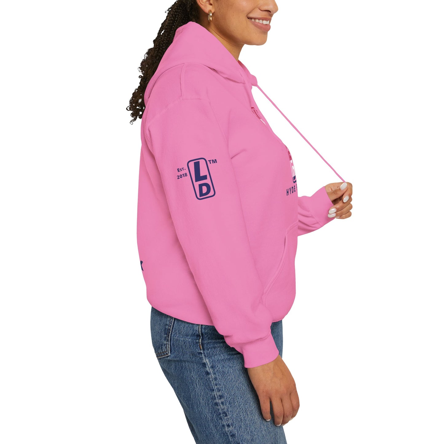 LongD® positive horizontal 6-striped Hyde Park 4-print upright logo hoodie (patriotic colors)