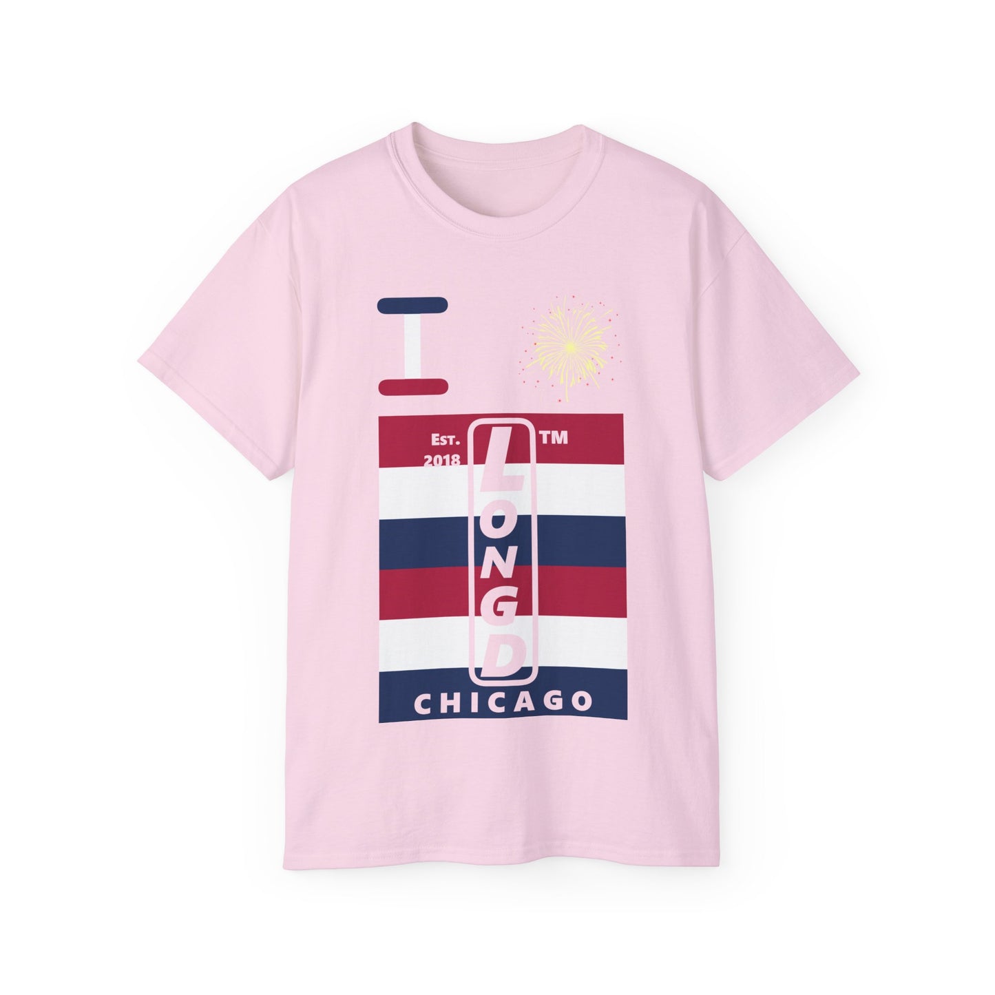I Burst LongD cotton tee negative horizontal 6-striped Chicago upright logo (Patriotic colors)