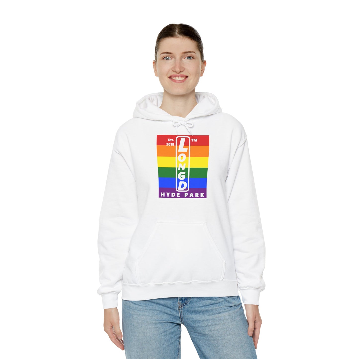 LongD® negative horizontal 6-striped upright Hyde Park logo hoodie (Pride colors)