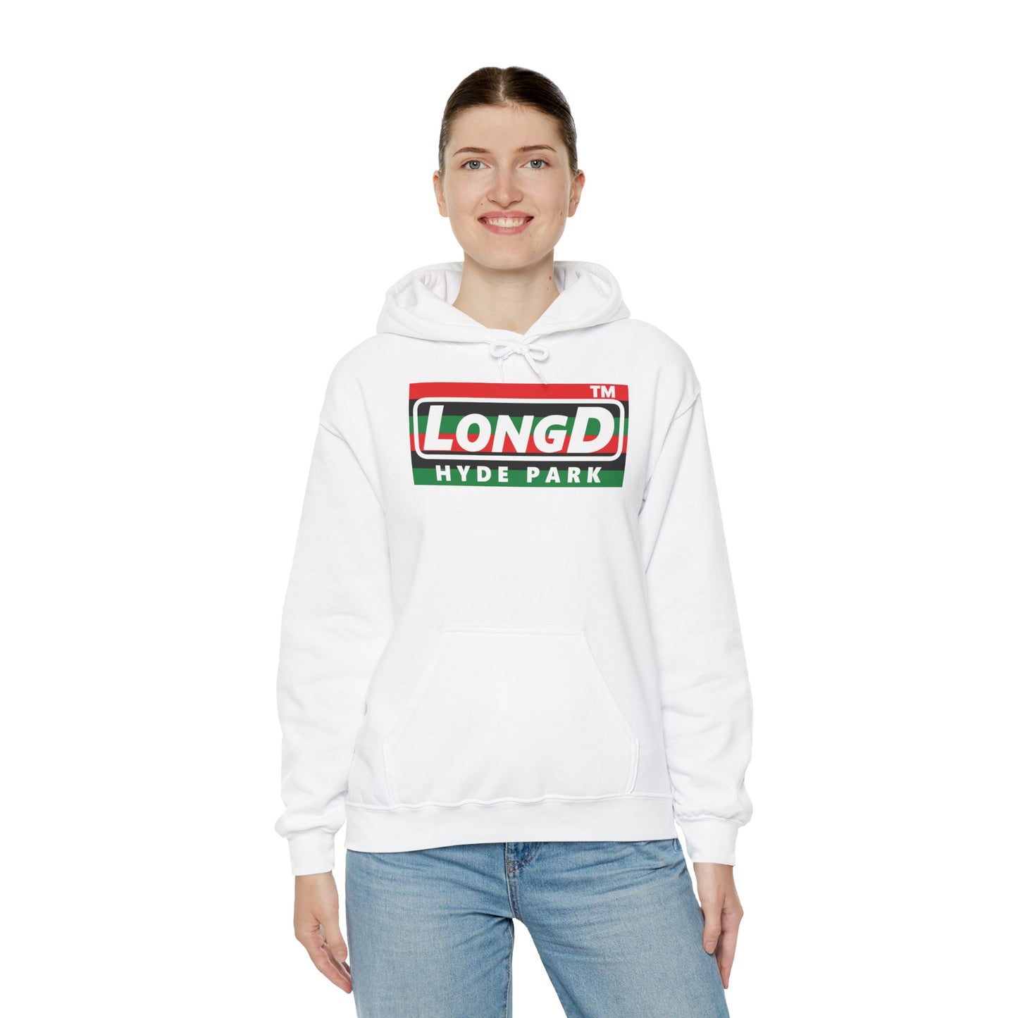 LongD® negative horizontal 6-striped Hyde Park logo Hoodie (Juneteenth colors)