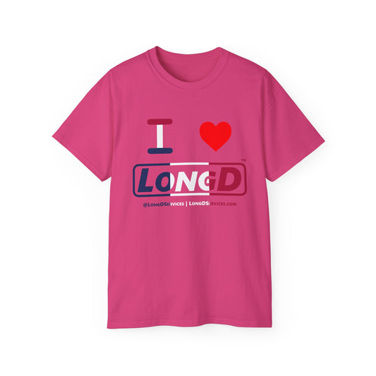 I Luv LongD® Logo Cotton Tee Blue, White and Red positive thirds text