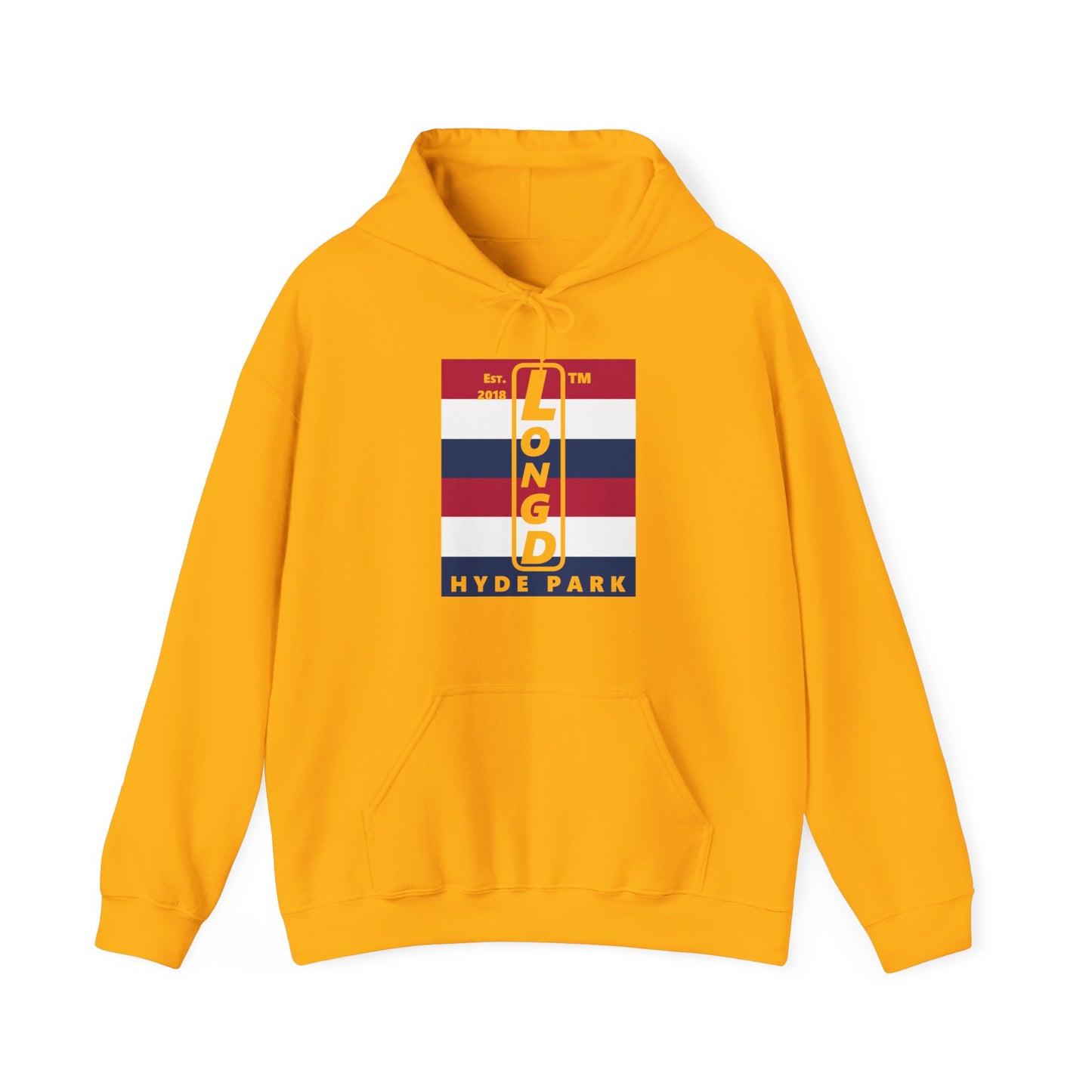 LongD® negative horizontal 6-striped upright Hyde Park logo hoodie (Patriotic colors)
