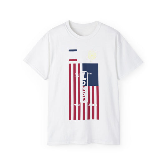 I Burst LongD cotton tee negative flag Hyde Park upright logo (Patriotic colors)