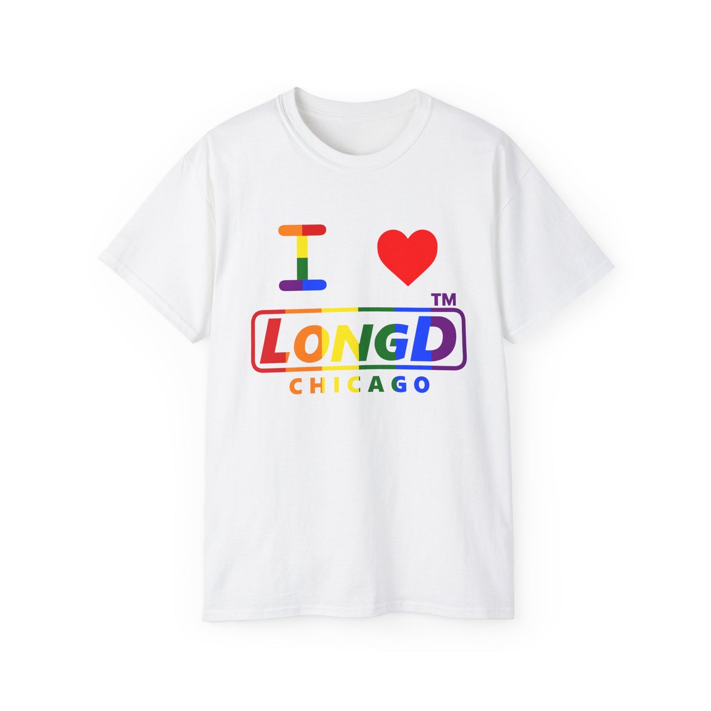 I Luv LongD positive vertical striped Chicago logo cotton tee (Pride colors)