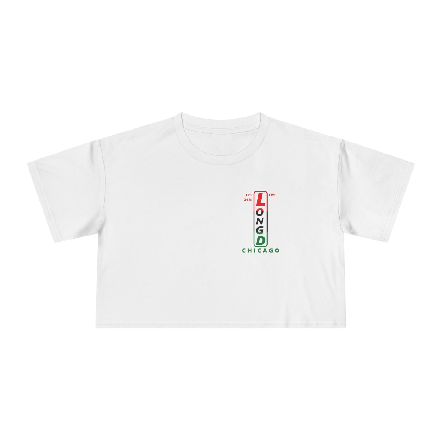 Positive horizontal 3-striped upright single-breasted Chicago logo crop tee (Juneteenth colors)