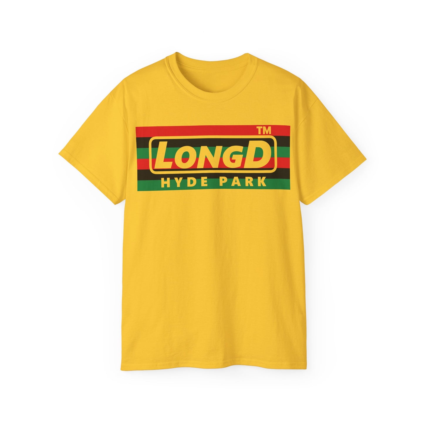 LongD negative horizontal 6-striped Hyde Park logo cotton tee (Juneteenth colors)