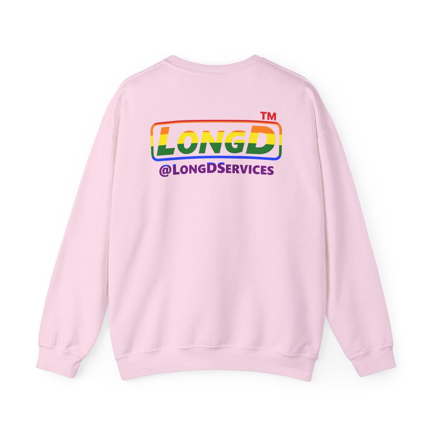 LongD positive horizontal striped front-back Hyde Park logo crewneck sweatshirt (Pride colors)