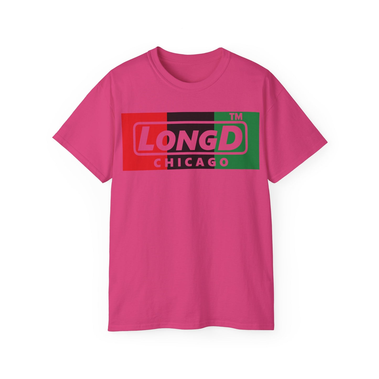LongD negative vertical 3-striped Chicago logo cotton tee (Juneteenth colors)