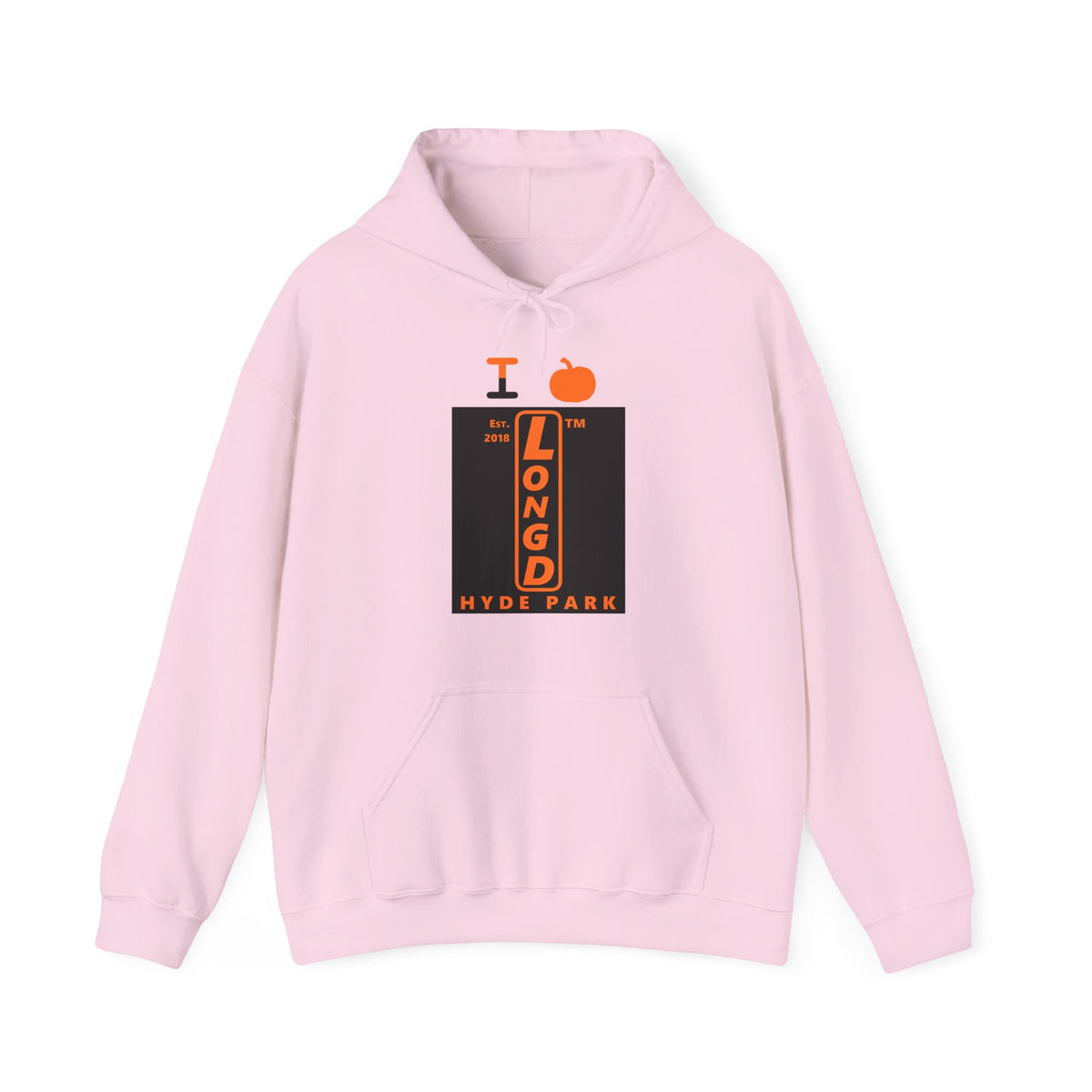 I pumpkin LongD Hyde Park upright logo positive orange on negative black hoodie