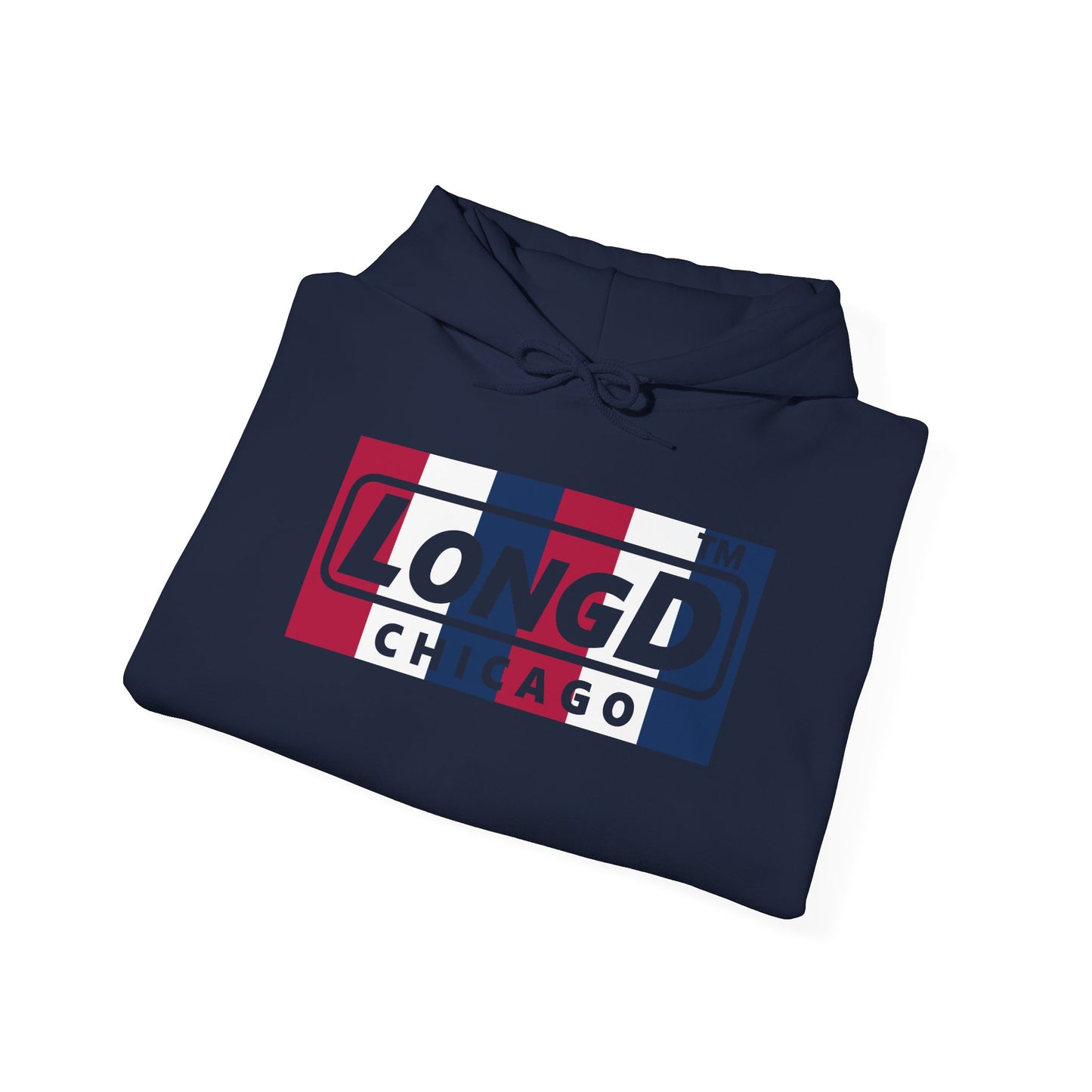 LongD® negative vertical 6-striped Chicago logo hoodie (patriotic colors)