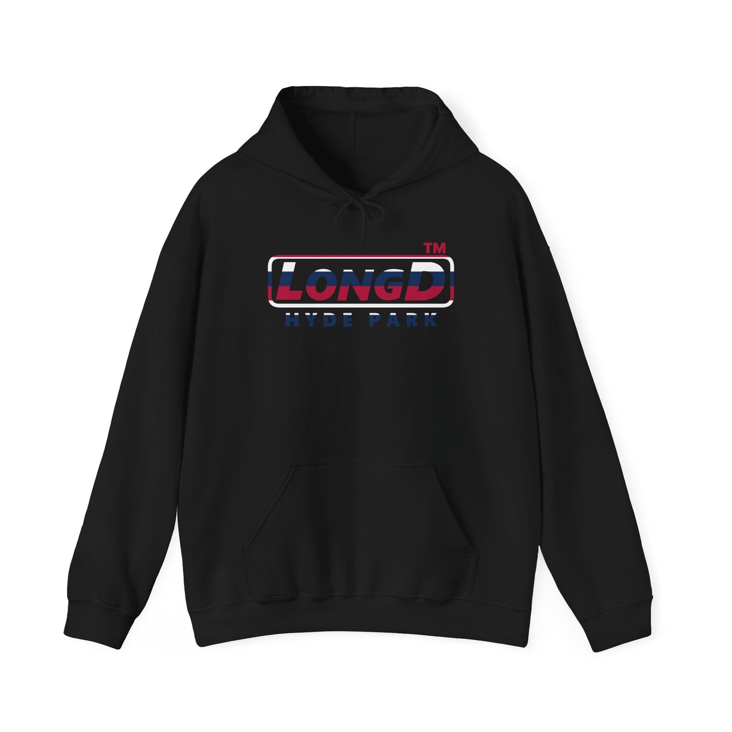 LongD® positive horizontal 6-striped Hyde Park logo hoodie (patriotic colors)