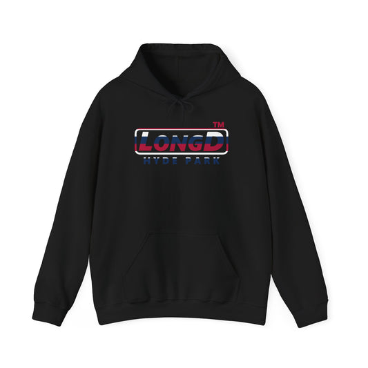 LongD® positive horizontal 6-striped Hyde Park logo hoodie (patriotic colors)
