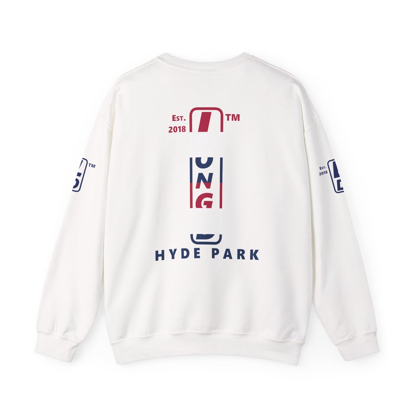 I Burst LongD positive horizontal 6-striped Hyde Park upright 4-print logo crewneck sweatshirt