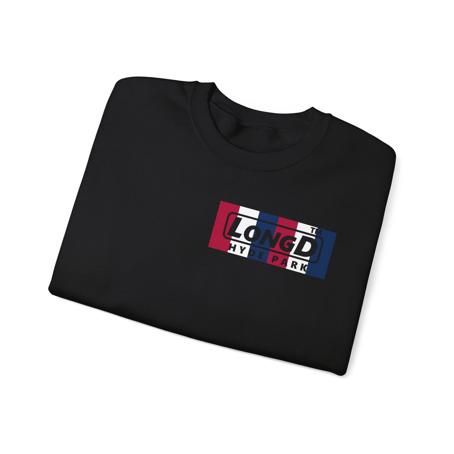 LongD negative vertical 6-striped 4-print single-breasted Hyde Park logo crewneck sweatshirt (patriotic colors)