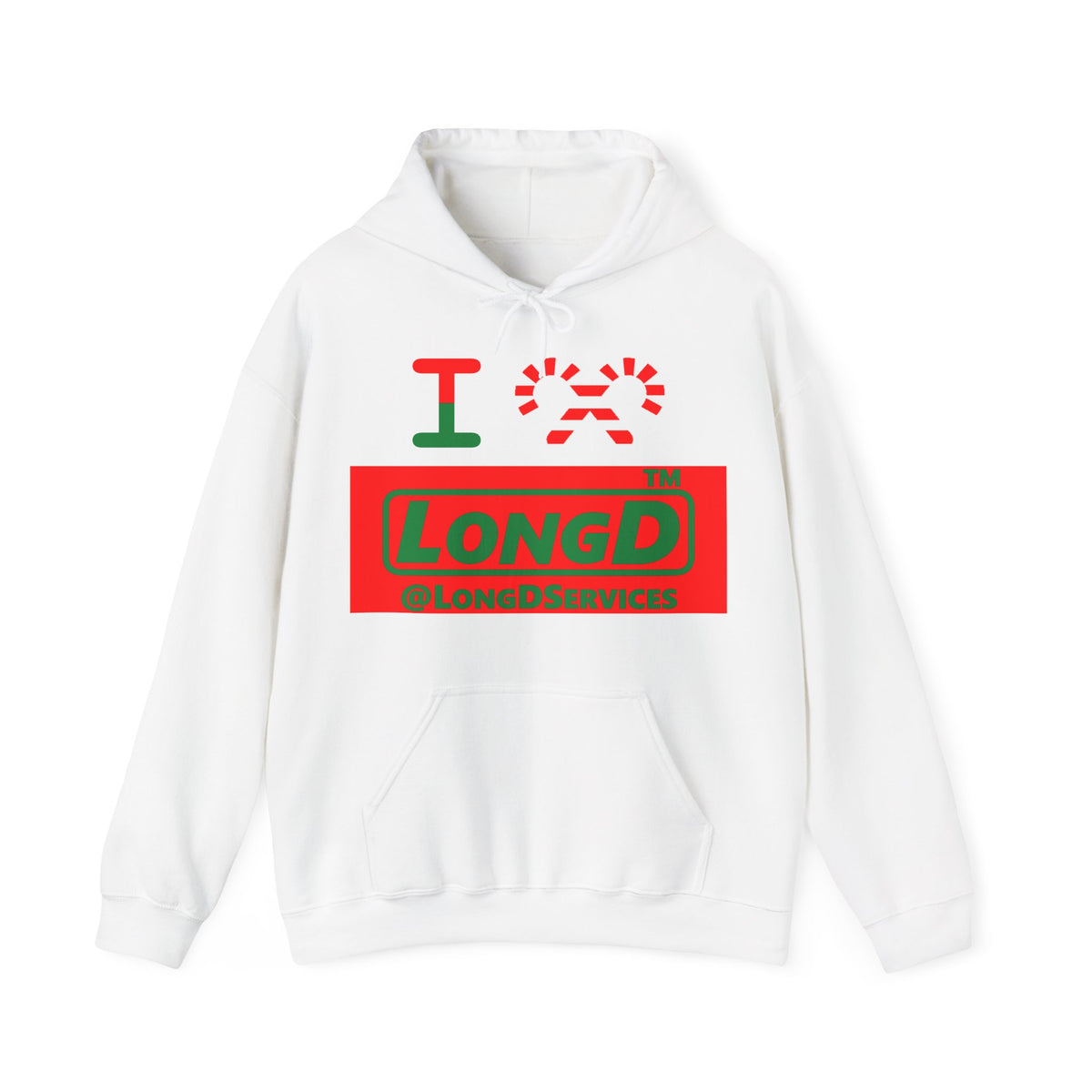 I candy cane LongD Tag logo positive green on negative red hoodie