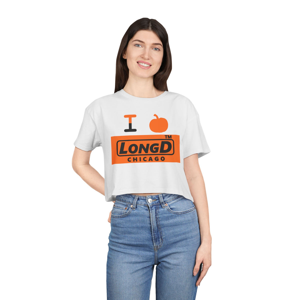 I pumpkin LongD Chicago logo positive black on negative orange crop tee