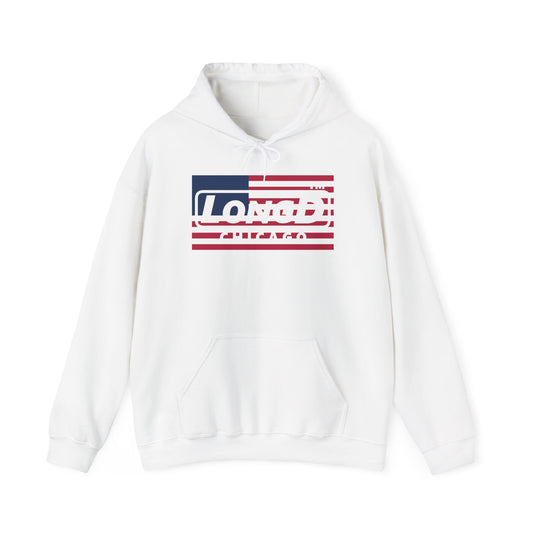 LongD® negative flag Chicago logo hoodie (patriotic colors)