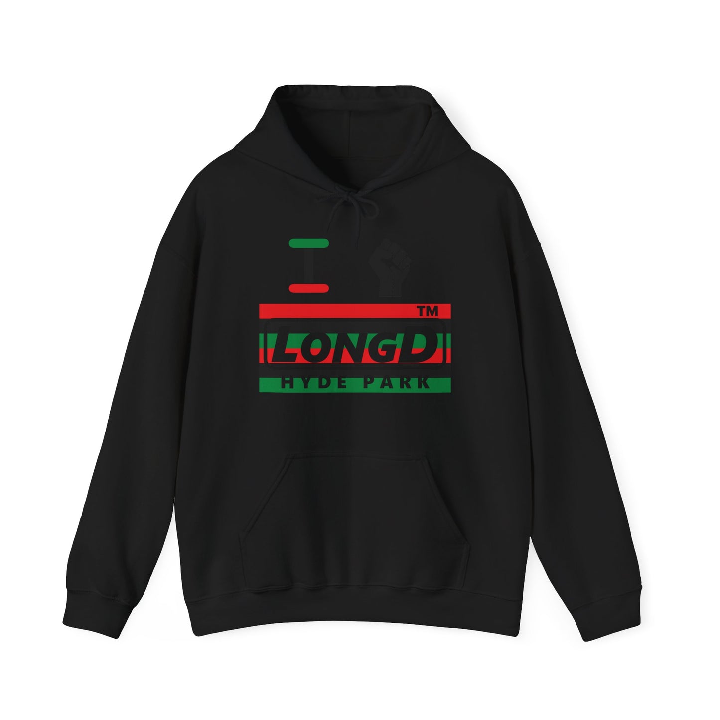 I fist LongD® negative horizontal 6-striped Hyde Park logo Hoodie (Juneteenth colors)