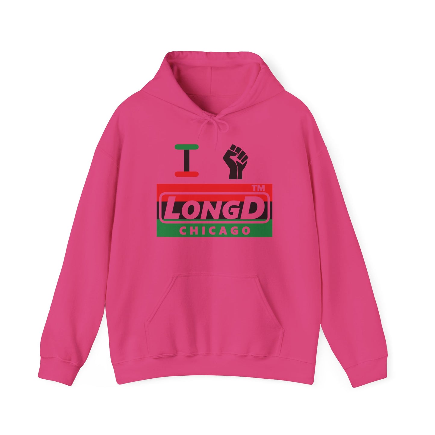 I fist LongD® negative horizontal 3-striped Chicago logo Hoodie (Juneteenth colors)