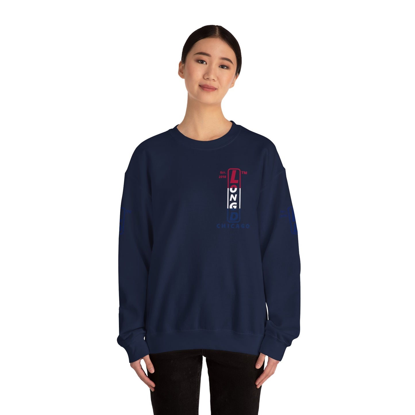 LongD positive horizontal 3-striped Chicago upright 4-print single-breasted logo crewneck sweatshirt (patriotic colors)