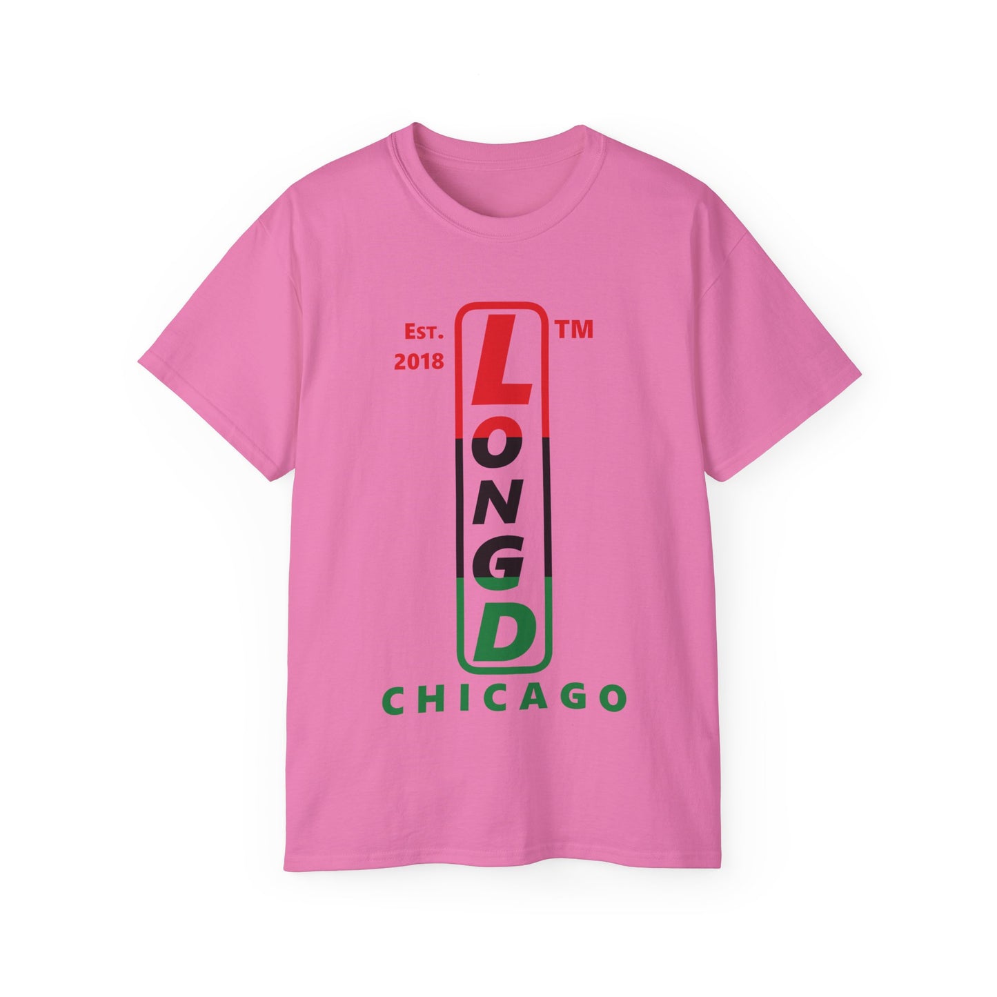 LongD Cotton Tee positive horizontal striped Chicago upright logo (Juneteenth colors)