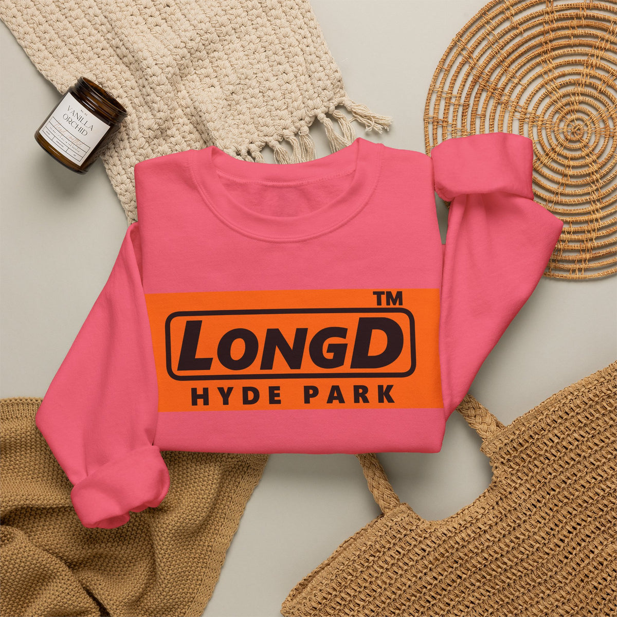LongD Hyde Park logo Black (000000) on orange (FE7518) (Halloween colors) crewneck sweatshirt