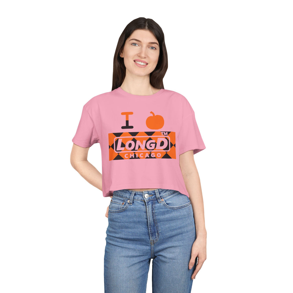 I pumpkin LongD Chicago negative argyle logo crop tee
